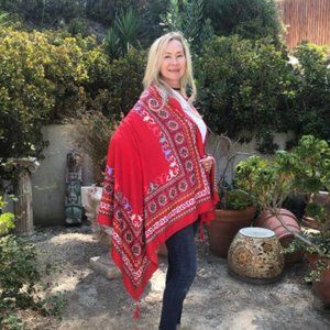 Large Printed Scarf, wrap,shawl,red,blue,sarong,with tassels 68" x 37"